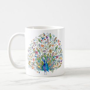 Watercolor floral peacock  coffee mug