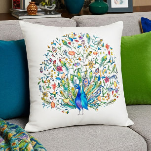 Watercolor floral peacock  cushion
