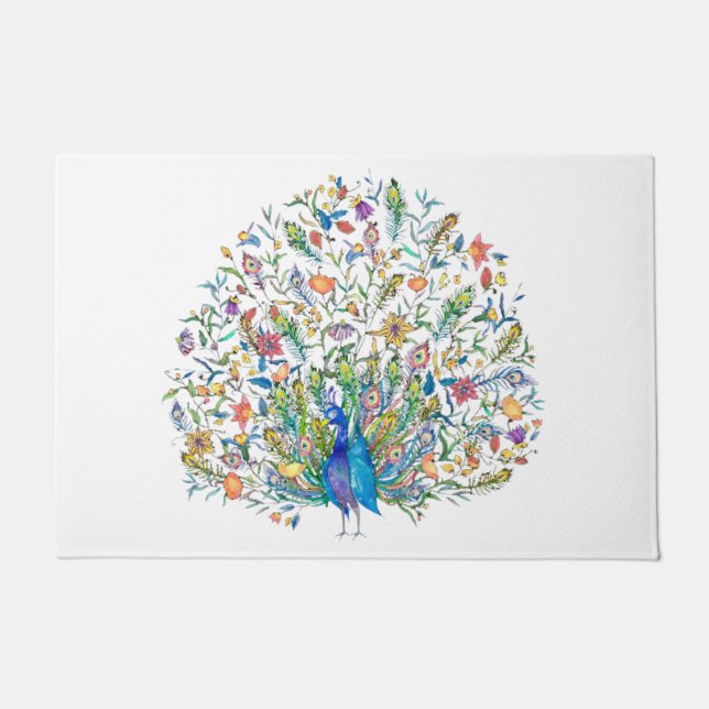 Watercolor floral peacock  doormat (Front)