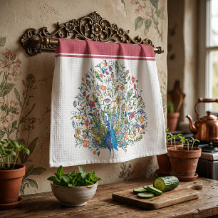 Watercolor floral peacock kitchen towel