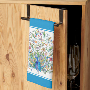Watercolor floral peacock  kitchen towel