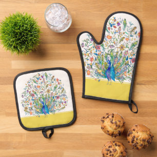 Watercolor floral peacock kitchen towel oven mitt & pot holder set