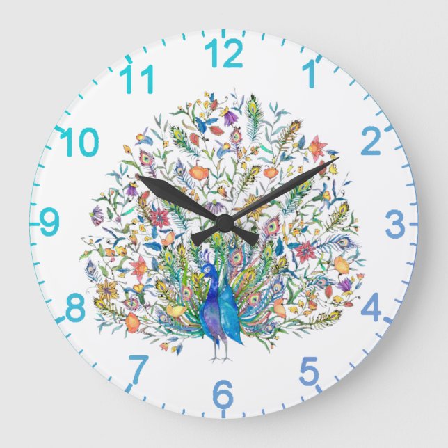 Watercolor floral peacock  large clock (Front)