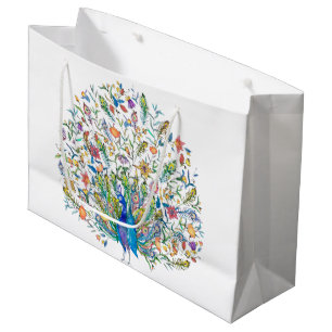 Watercolor floral peacock  large gift bag