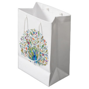 Watercolor floral peacock  medium gift bag