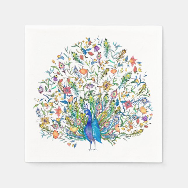 Watercolor floral peacock  napkin (Front)