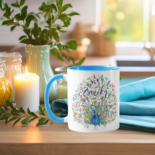 Watercolor floral peacock personalised coffee mug