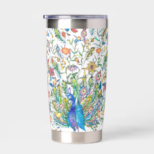 Watercolor floral peacock personalised insulated tumbler
