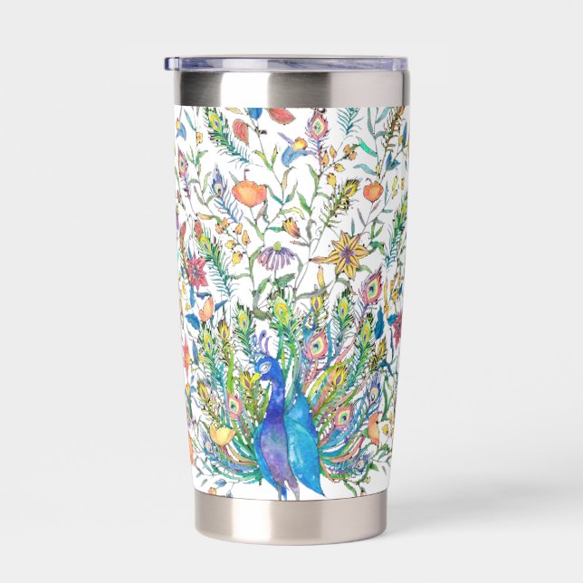 Watercolor floral peacock personalised insulated tumbler (Right)