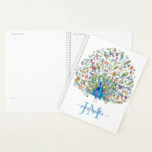Watercolor floral peacock personalised planner