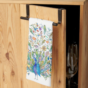 Watercolor floral peacock  tea towel