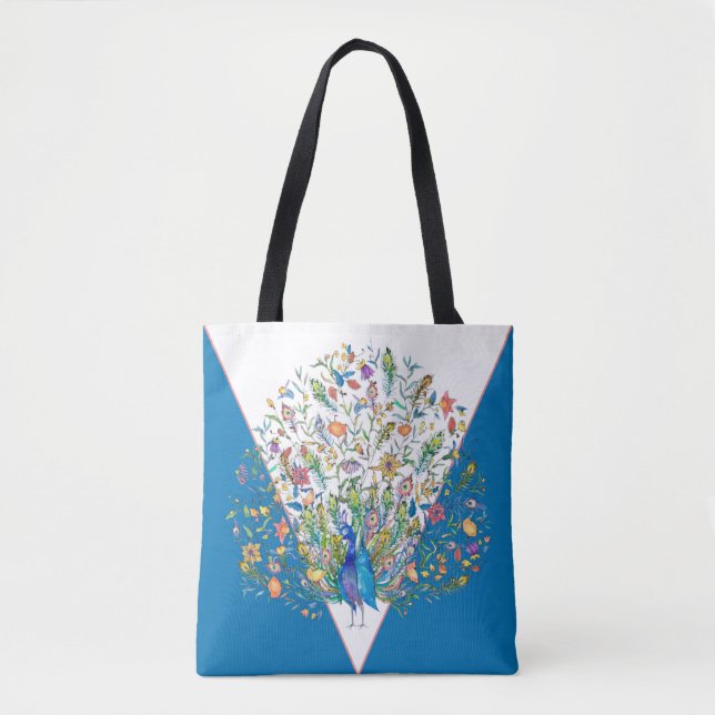 Watercolor floral peacock  tote bag (Front)