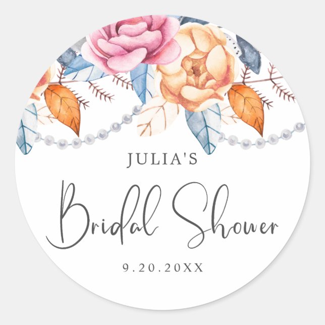 Watercolor Floral Pearl Bridal Shower  Classic Round Sticker (Front)