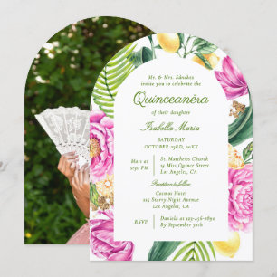 Watercolor Floral Peonies Lemon Photo Quinceañera Invitation