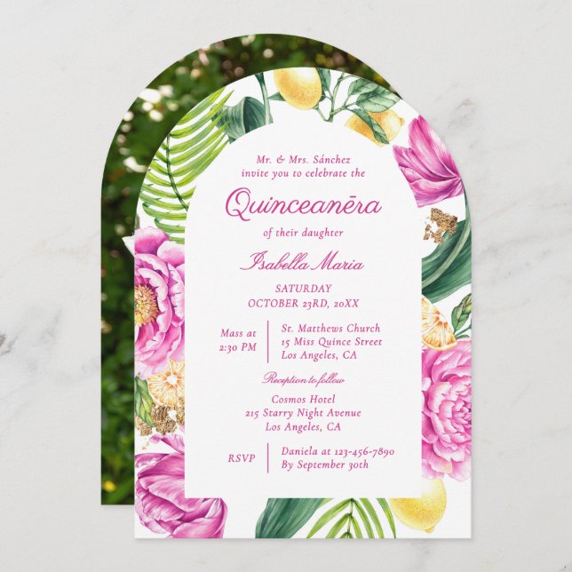 Watercolor Floral Peonies Lemon Photo Quinceañera Invitation (Front/Back)
