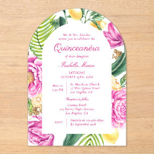 Watercolor Floral Peonies Tulips Lemon Quinceañera Acrylic Invitations