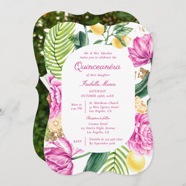 Watercolor Floral Peonies Tulips Lemon Quinceañera Invitation (Front/Back)