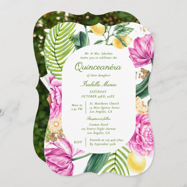 Watercolor Floral Peonies Tulips Lemon Quinceañera Invitation (Front/Back)