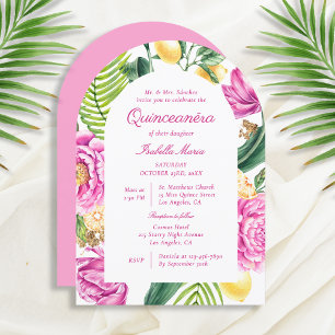 Watercolor Floral Peonies Tulips Lemon Quinceañera Invitation