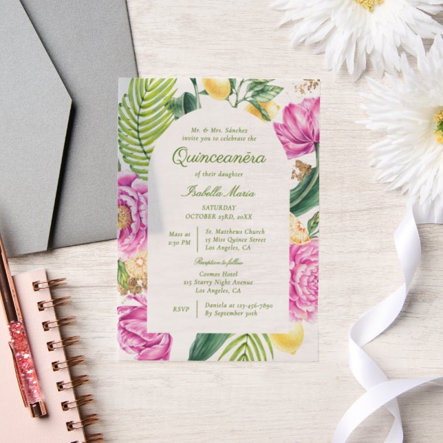 Watercolor Floral Peonies Tulips Lemon Quinceañera Vellum Invitations (Wedding)