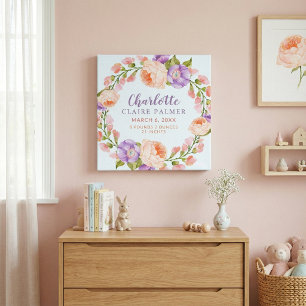 Watercolor Floral Personalised Baby Birth Stats Canvas Print
