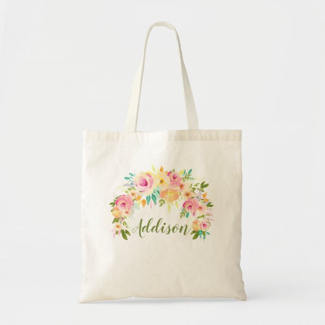 Watercolor Floral Personalised Ladies Canvas Tote Bag (Front)