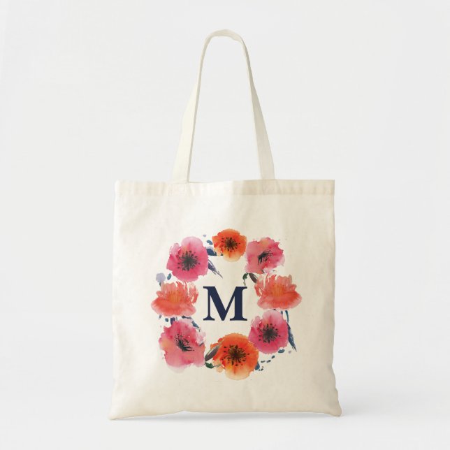 Watercolor Floral Personalised Monogram Canvas Bag (Front)