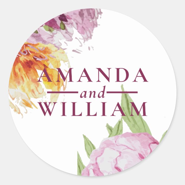 Watercolor Floral Personalised Wedding Classic Round Sticker (Front)