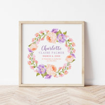 Watercolor Floral Personalized Baby Birth Stats