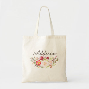 Watercolor Floral Personalized Girls Canvas Tote
