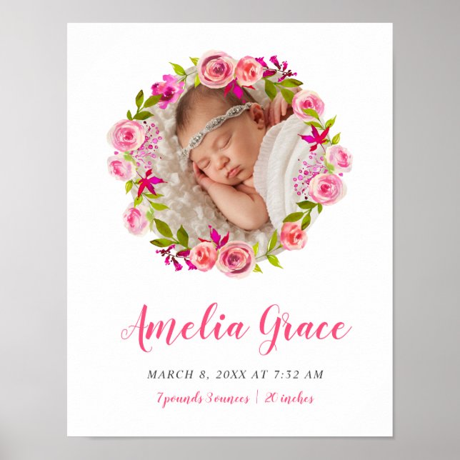 Watercolor Floral Photo Baby Birth Stats Poster (Front)