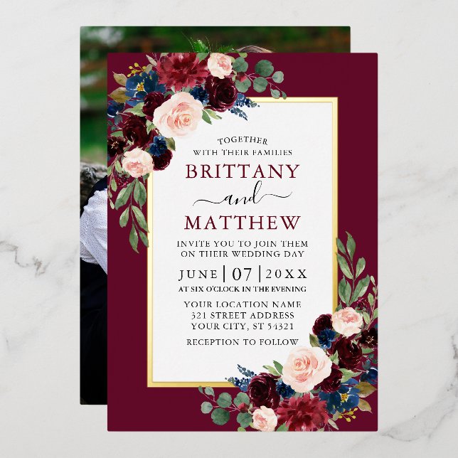 Watercolor Floral Photo Burgundy Wedding Gold (Front/Back)