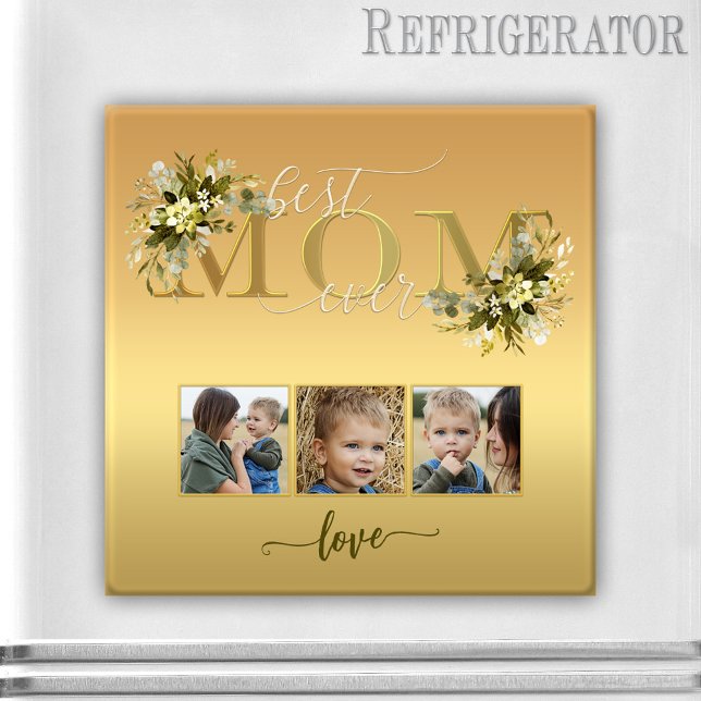 Watercolor Floral Photo Collage Best Mom Ever Magnet (Gold magnet with 3 custom photos, script text and watercolor flowers for Mom or Mother's Day)