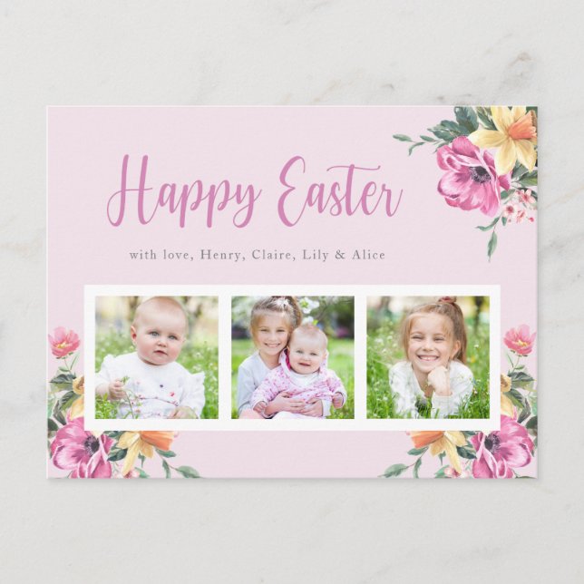 Watercolor Floral Photo Collage Happy Easter Postcard (Front)