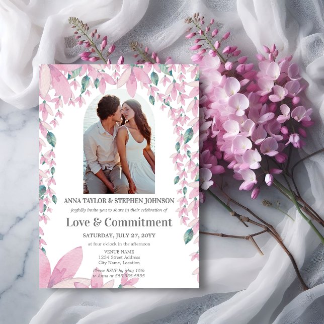 Watercolor Floral Photo Commitment Ceremony Invitation (Elegant watercolor floral and photo commitment ceremony invitation front view.)