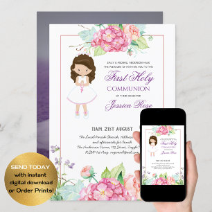 Watercolor Floral PHOTO First Communion Invitation