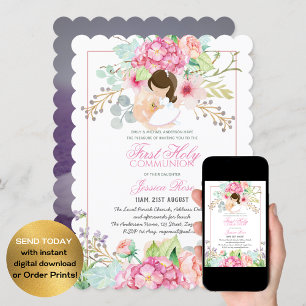 Watercolor Floral PHOTO First Communion Invitation