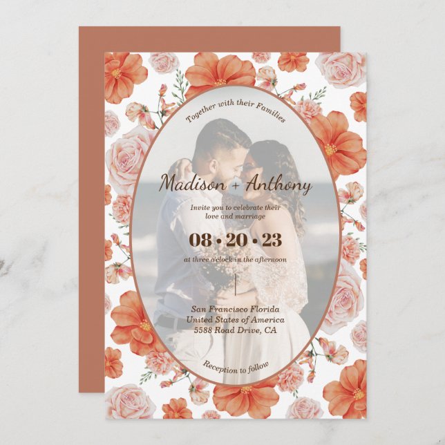 Watercolor Floral Photo Frame Terracotta Wedding Invitation (Front/Back)