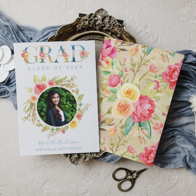 Watercolor Floral Photo Graduation Announcement (Creator Uploaded)
