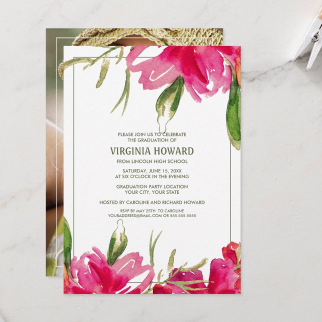 Watercolor Floral, Photo Graduation Party  Invitation (Creator Uploaded)