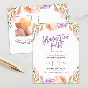 Watercolor Floral Photo Graduation Party Invite