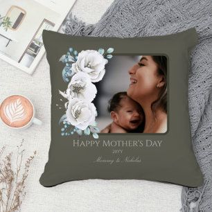 Watercolor Floral Photo Mother's Day Olive Green Cushion
