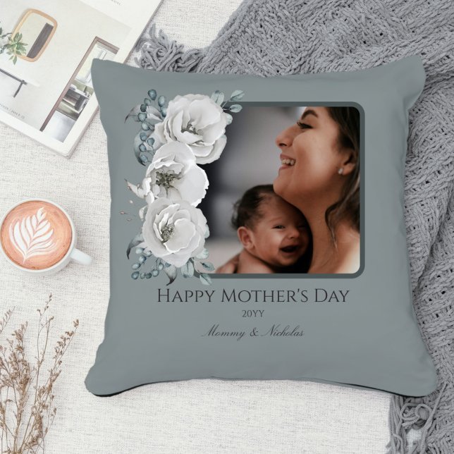 Watercolor Floral Photo Mother's Day | Sage Green Cushion (Sage Green Watercolor Floral Photo Mother' s Day Throw Pillow)
