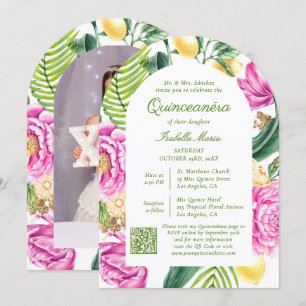 Watercolor Floral Photo QR Code Quinceañera Invitation