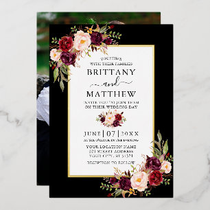 Watercolor Floral Photo Wedding Black Gold