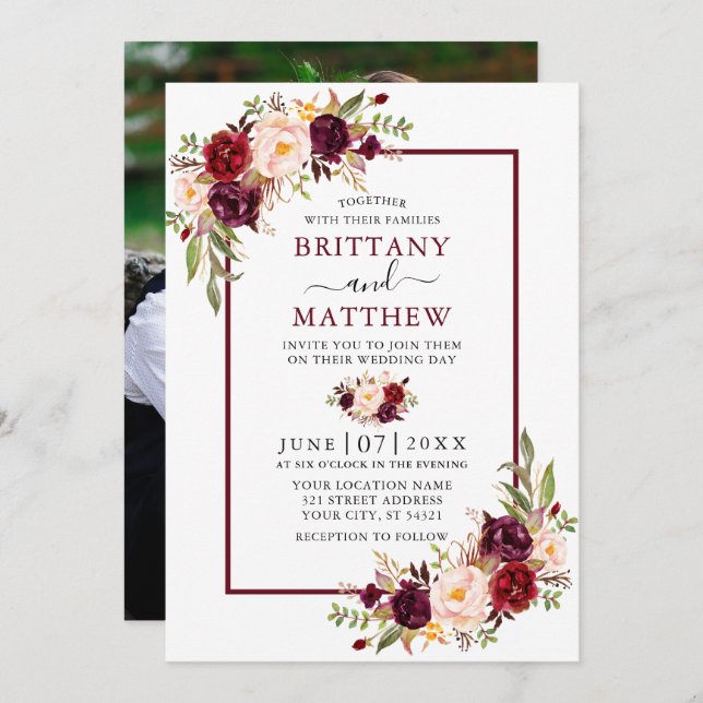 Watercolor Floral Photo Wedding Burgundy Frame Invitation (Front/Back)
