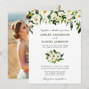 Watercolor Floral Photo Wedding Green Invitation