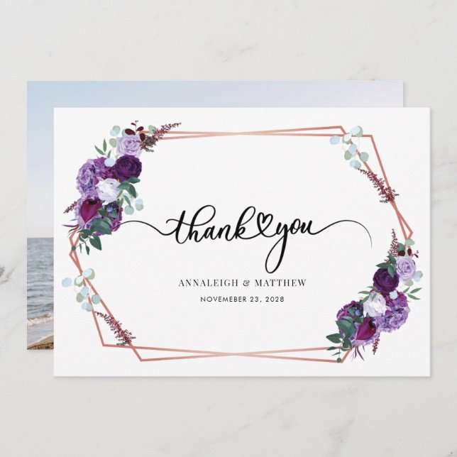 Watercolor Floral Photo Wedding Thank You Card (Front/Back)