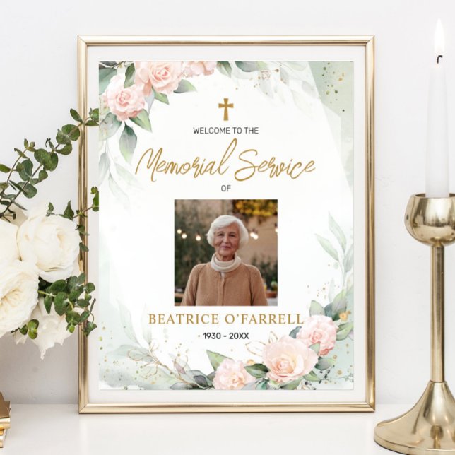 Watercolor Floral Photo Welcome Memorial Service Poster (Creator Uploaded)