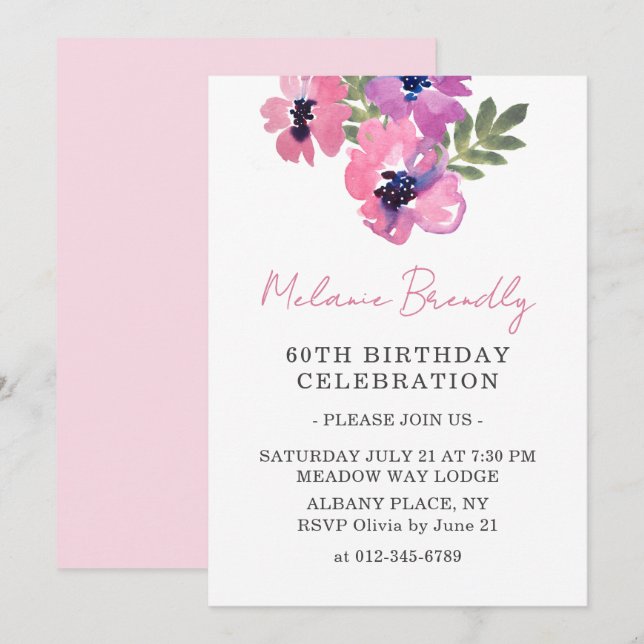 Watercolor Floral Pink 60th Birthday Party Invite  (Front/Back)